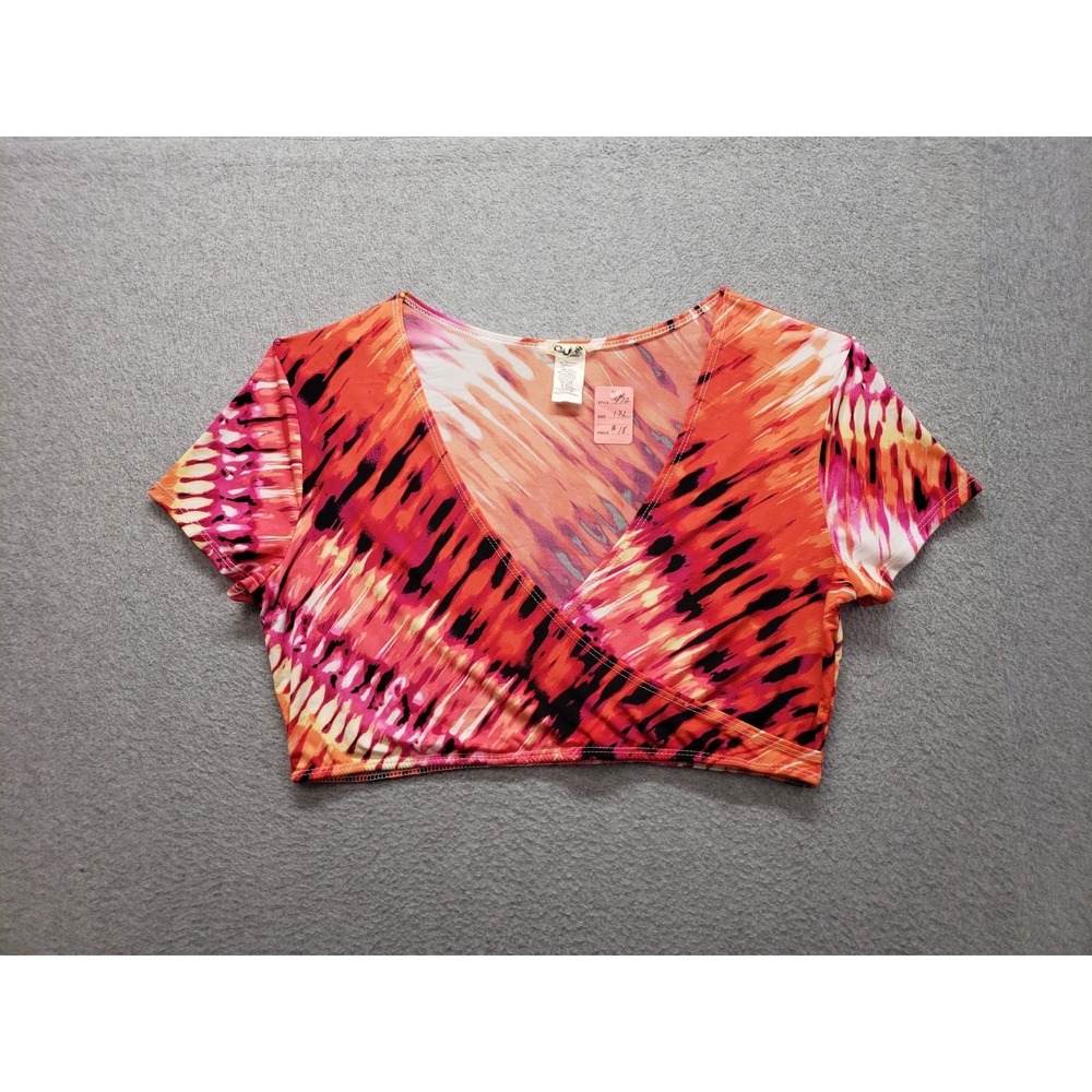 Quum Shop Women Blouse Top 1X Coral Tie Dye Faux Wrap V Neck Short Sleeve Chic